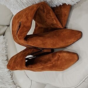 Donna Karan Suede Pointed Toe Ankle Boots in Cognac Brown